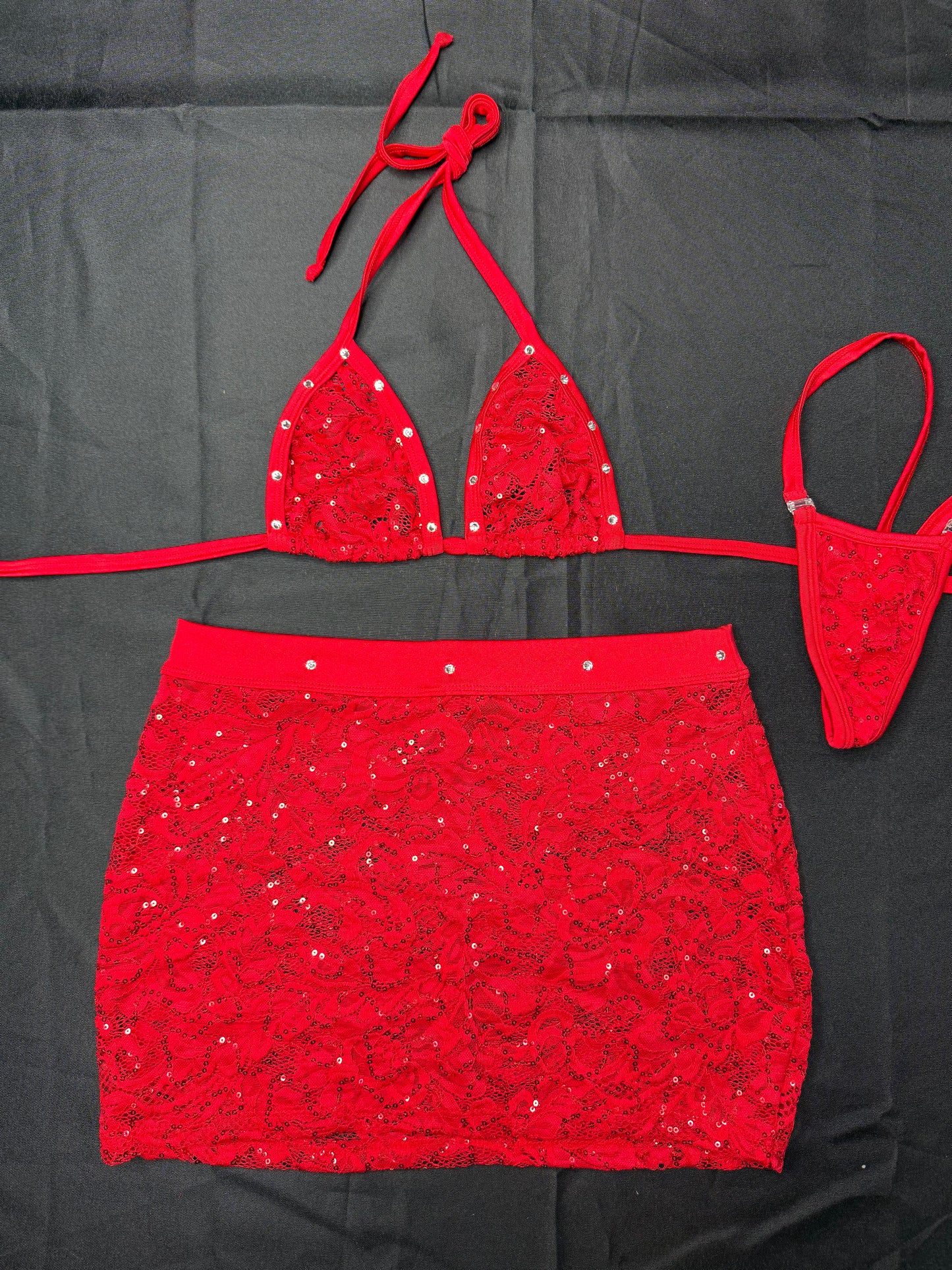 Red Sequence Lace Two-Piece Skirt Lingerie Outfit