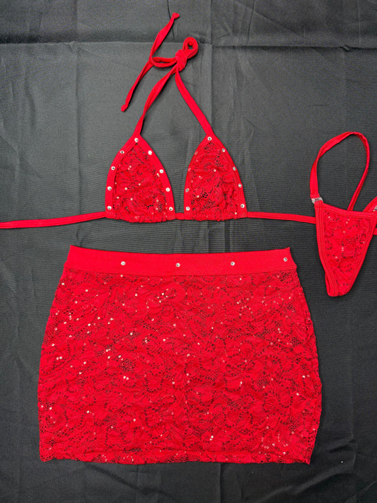 Red Sequence Lace Two-Piece Skirt Lingerie Outfit