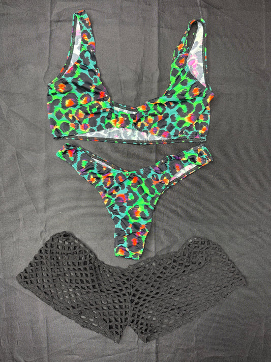 Green Leopard Animal Print Three-Piece Sports Bra/Cheeky Thong & Shorts Lingerie Outfit