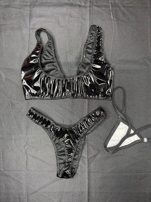 Black Latex Sports Bra/Cheeky Thong Two-Piece Lingerie Outfit