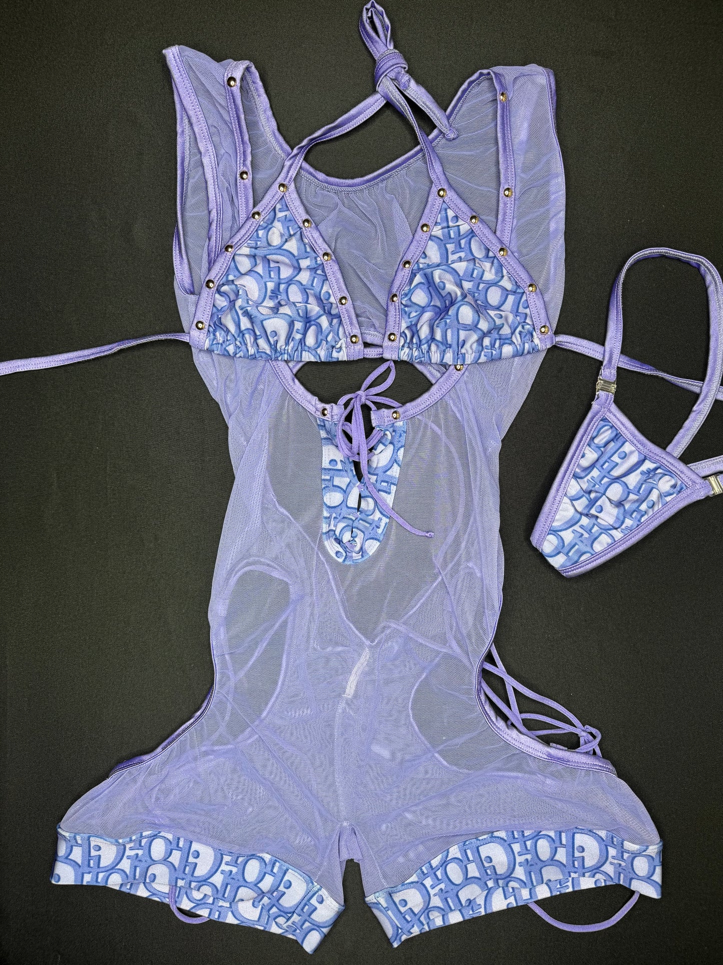 Lavender Designer Spandex/Mesh One-Piece Sleeveless Romper/Bikini Top Lingerie Outfit