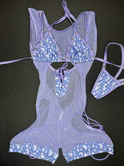 Lavender Designer Spandex/Mesh One-Piece Sleeveless Romper/Bikini Top Lingerie Outfit