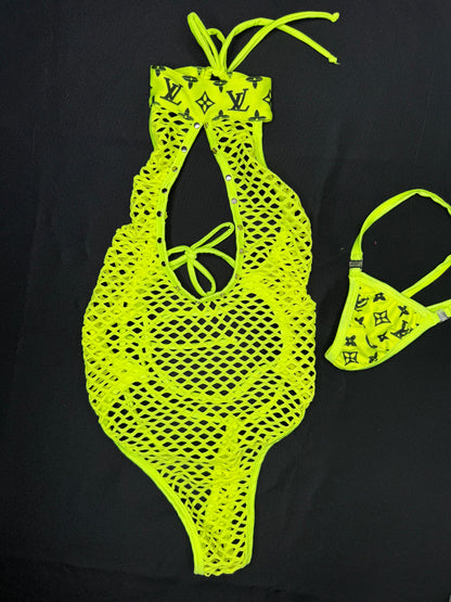 Designer/Neon Yellow Fishnet One-Piece Lingerie Outfit