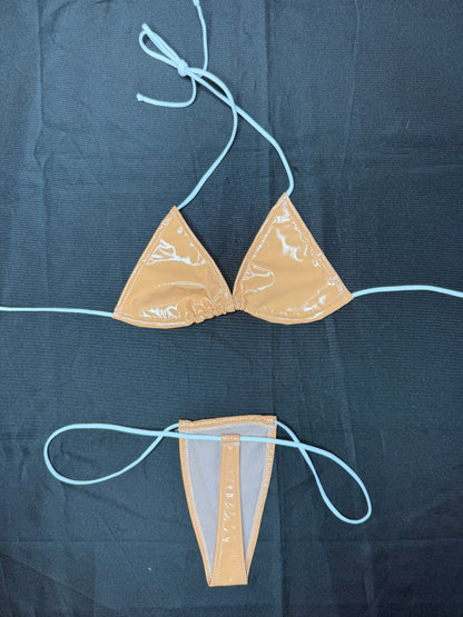 Brown/Nude Vinyl Micro Bikini Lingerie Outfit