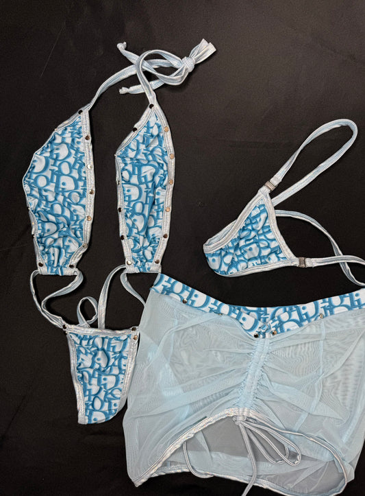 Baby Blue Designer Spandex/Mesh Three Piece Sling Shot/Skirt Lingerie Combo