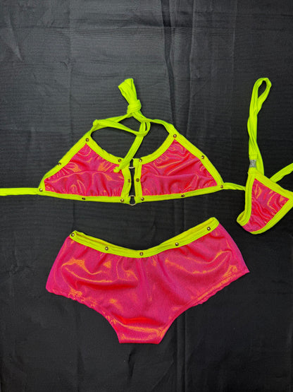 Hot pink/Fuchsia/Neon Yellow Spandex Two-Piece Shorts Lingerie Outfit