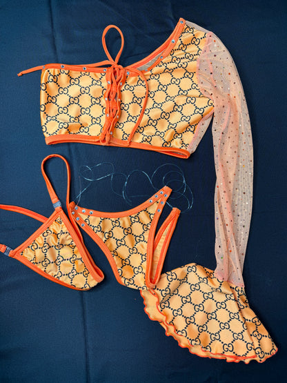Orange Single Sleeve Two-Piece Stripper Outfit
