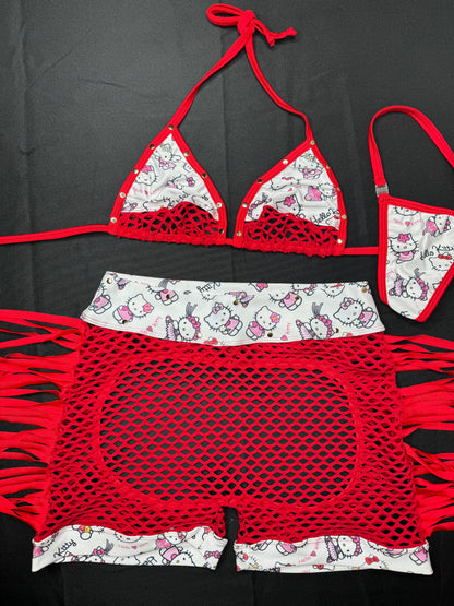 Red/White Kitty Two-Piece Chaps Lingerie Outfit