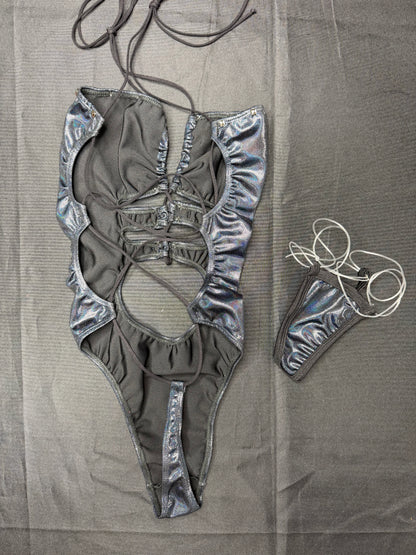 Holographic Black Spandex One-Piece Lingerie Outfit