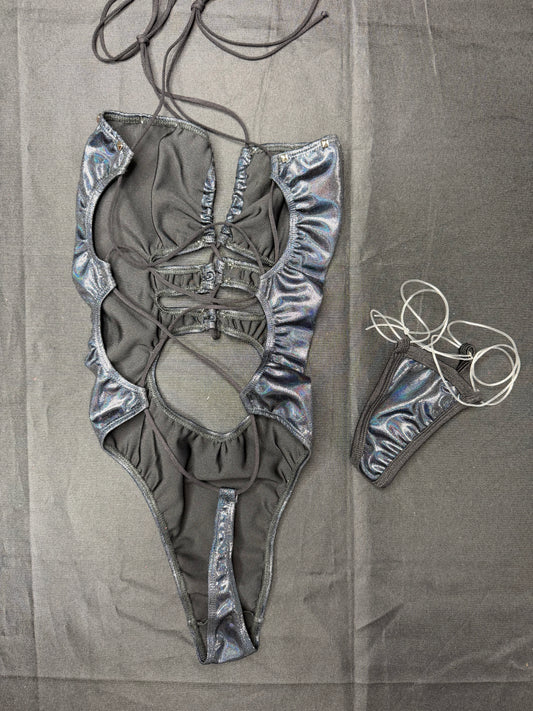 Holographic Black Spandex One-Piece Lingerie Outfit