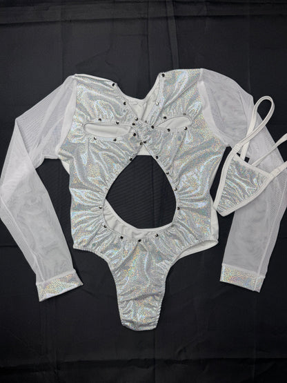 Silver/White Spandex One-Piece Leotard Outfit