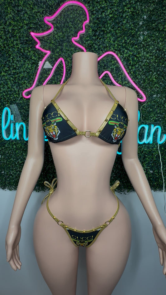 Gold/Designer Tiger Spandex Two-Piece Lingerie Outfit