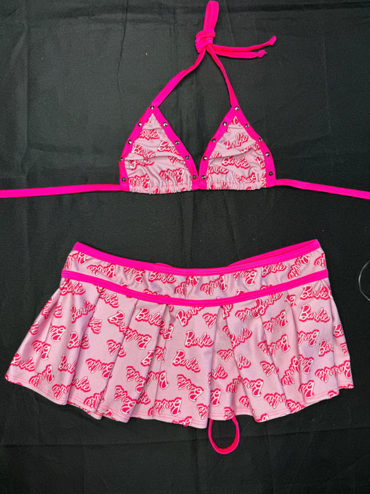 Hot Pink/Pink Spandex Two-Piece Skirt Lingerie Outfit