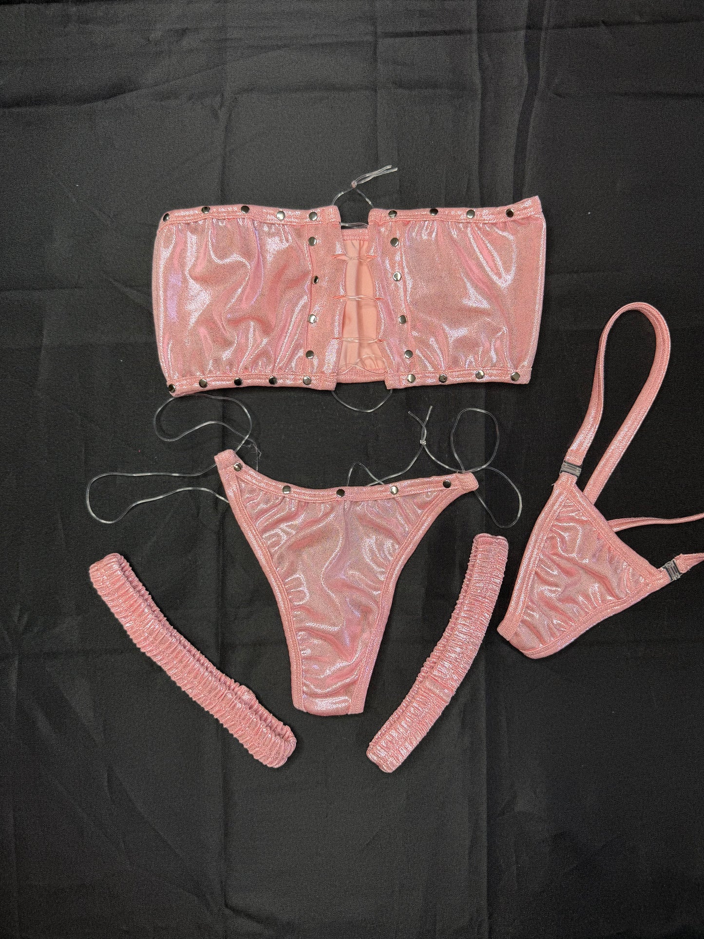 Pink Tube Top/Silicone String Bottoms Garters Two-Piece Lingerie Outfit