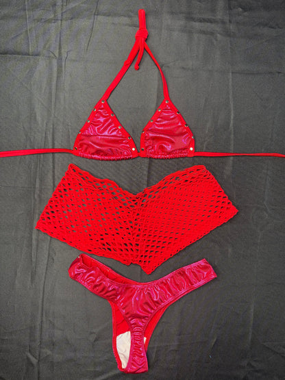 Red Fishnet/Fuchsia Spandex Three-Piece Shorts/Cheeky Thong Lingerie Outfit
