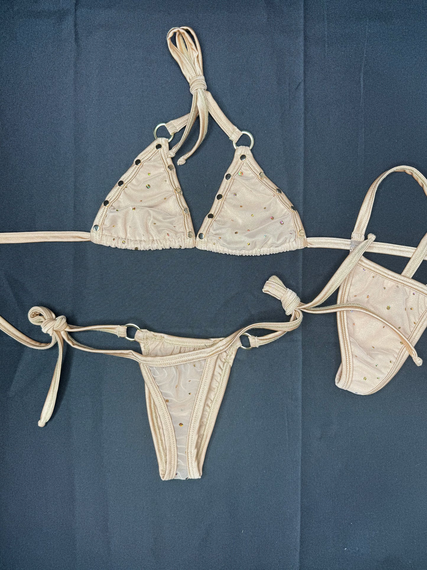 Tan Mesh Two-Piece Side-Tie Bikini Lingerie Outfit