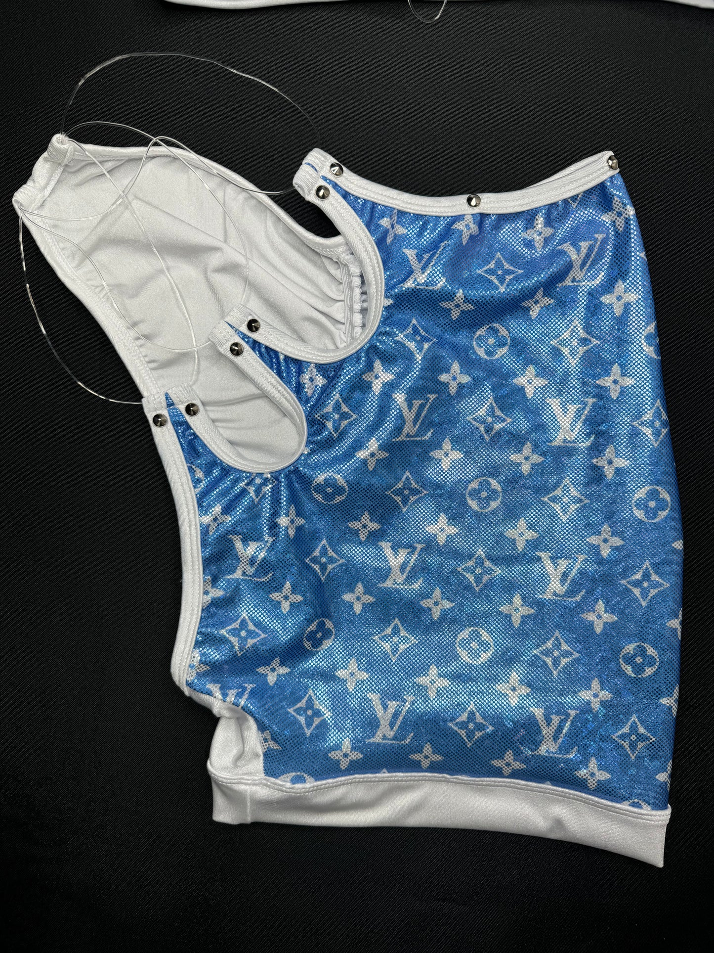 Metallic Baby Blue Two-Piece Silicone String Laced Lingerie Outfit