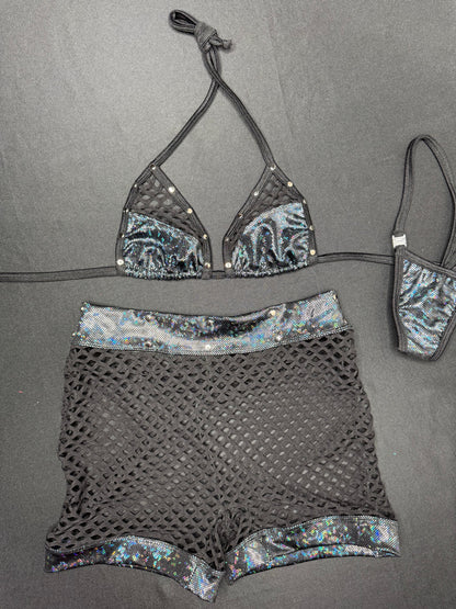 Metallic Black Spandex/Black Fishnet Shorts Two-Piece Lingerie Outfit