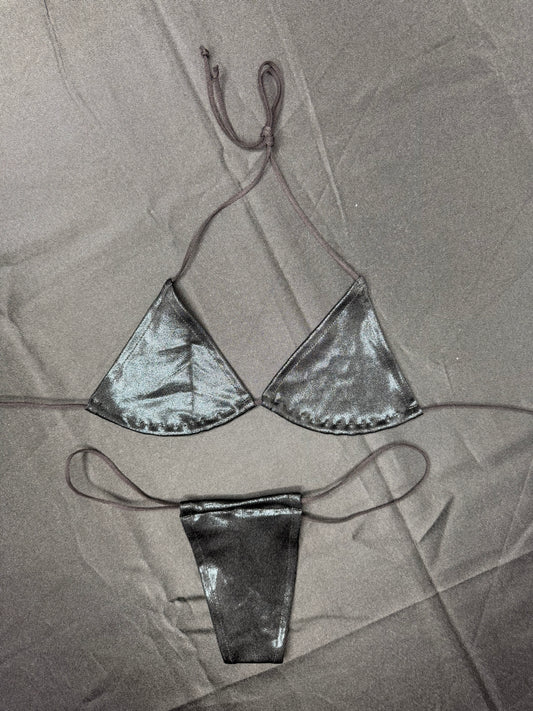 Metallic Black Spandex Micro Bikini Lingerie Outfit