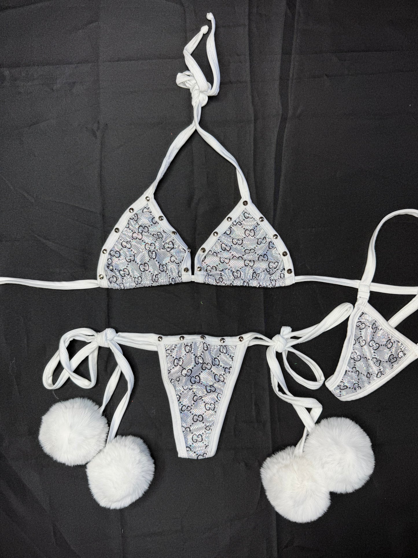 White/Silver Designer Spandex Two-Piece Bikini Pom-Pom Lingerie Outfit
