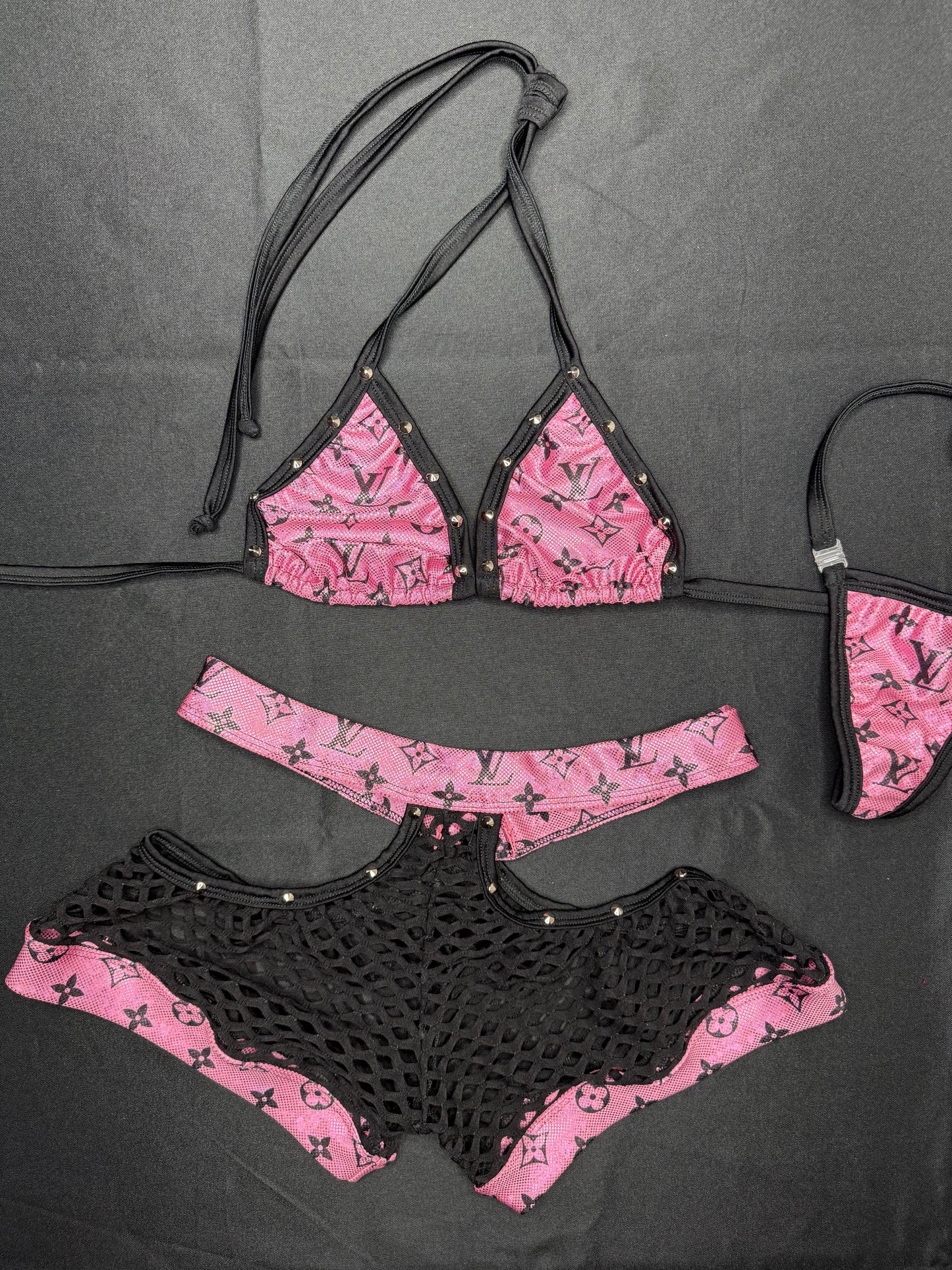 Holographic Pink/Black Fishnet Spandex Two-Piece Lingerie Outfit