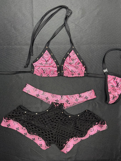 Holographic Pink/Black Fishnet Spandex Two-Piece Lingerie Outfit