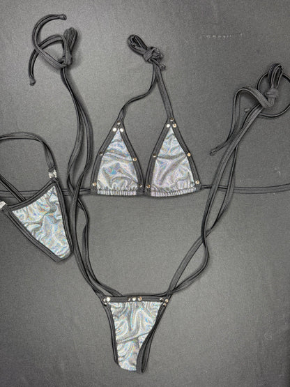 Metallic Black/Black Spandex Sling-Shot One-Piece Lingerie Outfit
