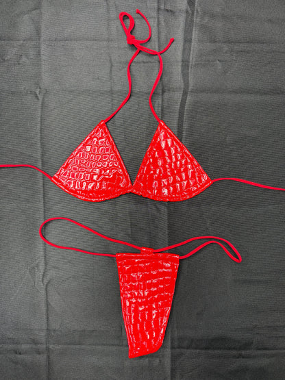 Red Latex Two-Piece Micro Bikini Lingerie Outfit