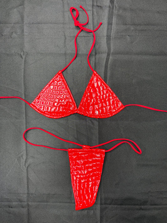 Red Latex Two-Piece Micro Bikini Lingerie Outfit