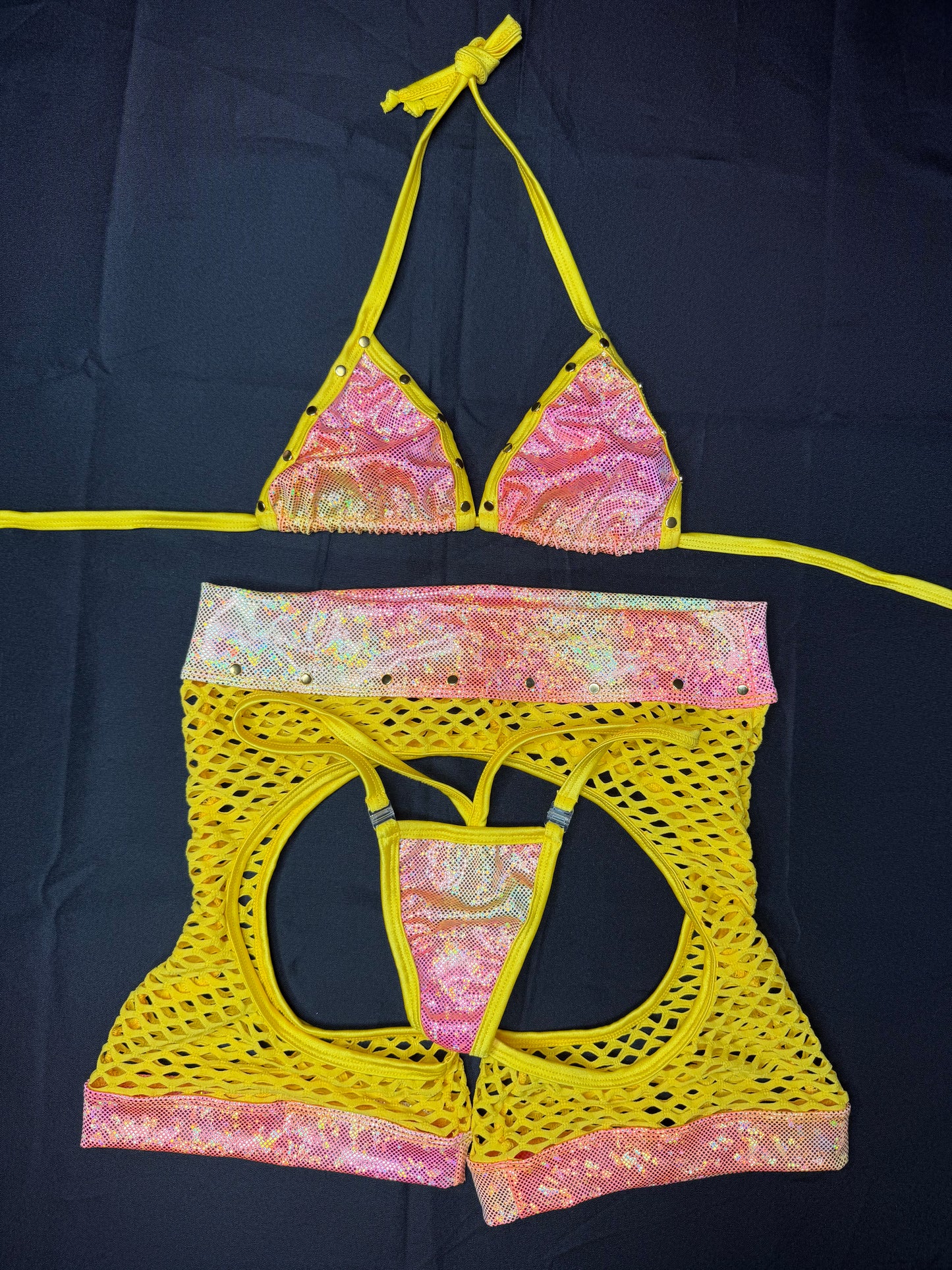 Daffodil Yellow Fishnet/Metallic Yellow/Pink Ombré Chap Shorts Lingerie Outfit