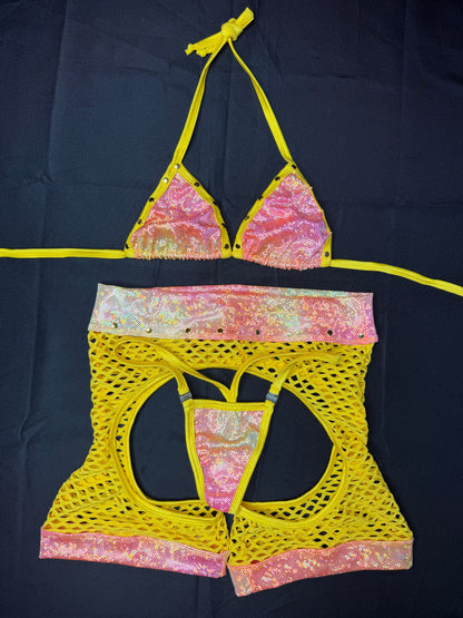 Daffodil Yellow Fishnet/Metallic Yellow/Pink Ombré Chap Shorts Lingerie Outfit