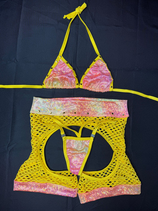 Daffodil Yellow Fishnet/Metallic Yellow/Pink Ombré Chap Shorts Lingerie Outfit