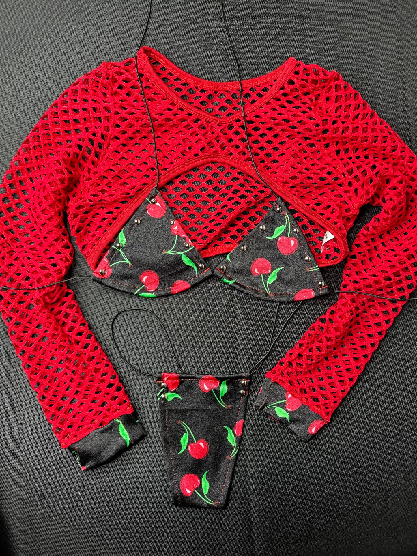 Cherry Three-Piece Bikini Exotic Dancer Outfit