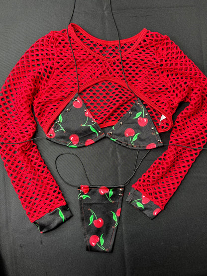 Cherry Three-Piece Bikini Exotic Dancer Outfit