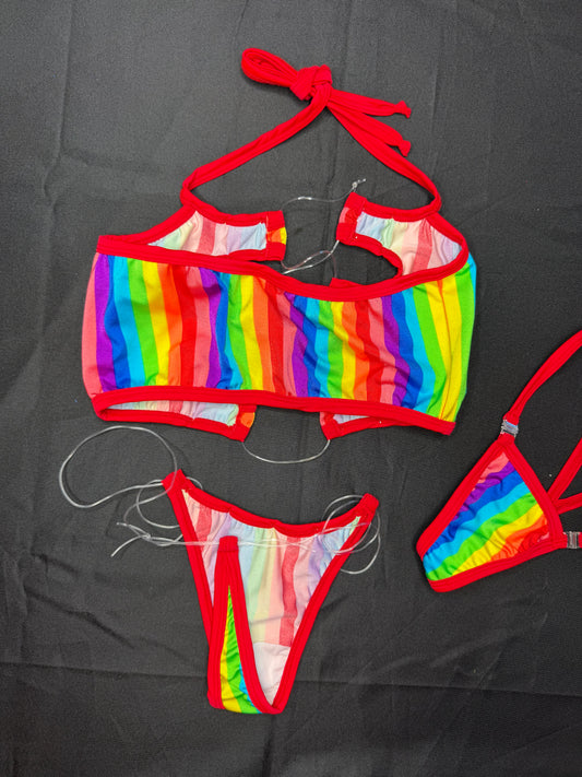 Rainbow Spandex Sports Bra Two-Piece Bikini Lingerie Outfit