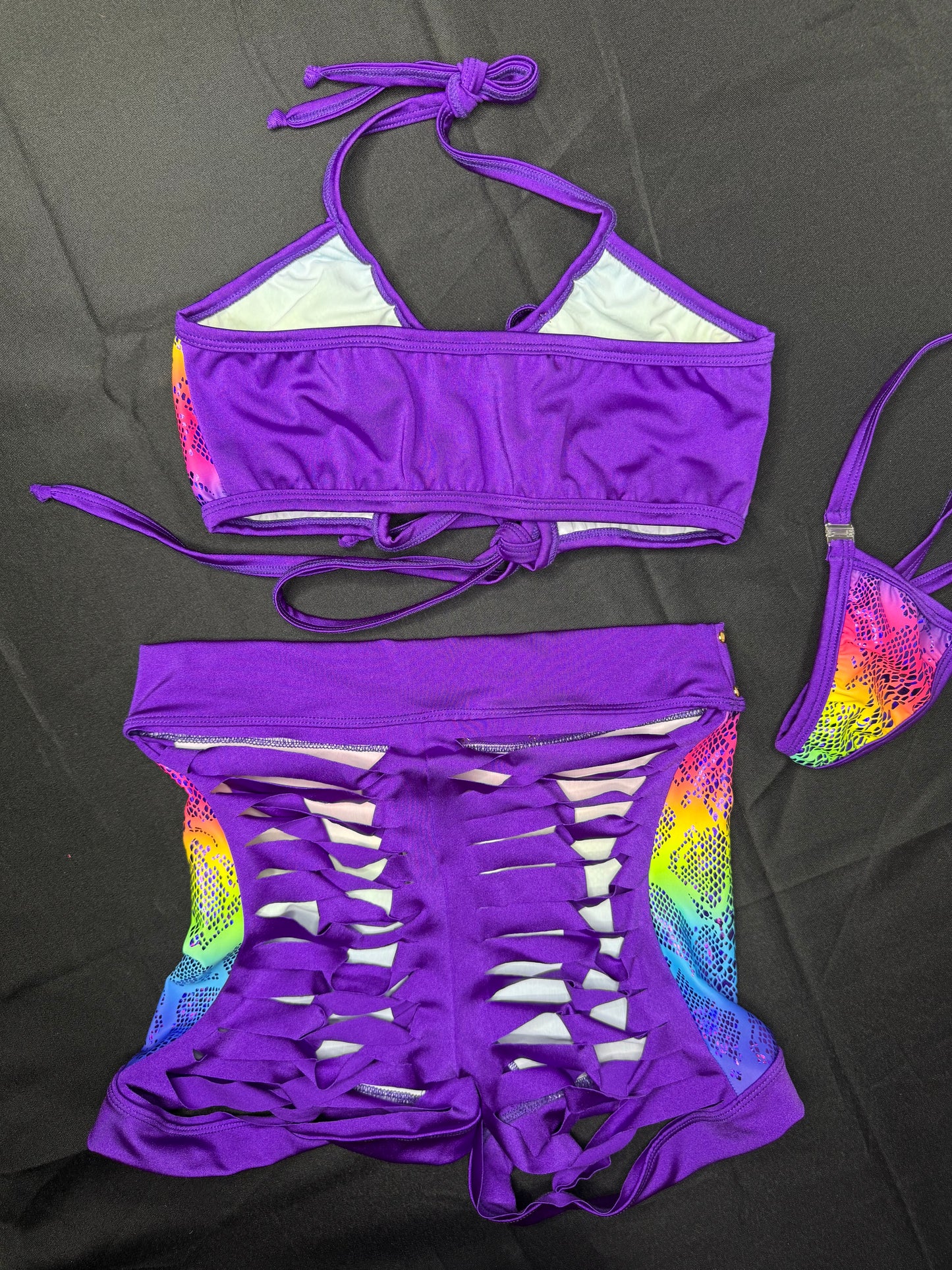 Rainbow Animal Print Sports Bra/Ripped Back Shorts Two-Piece Lingerie Outfit