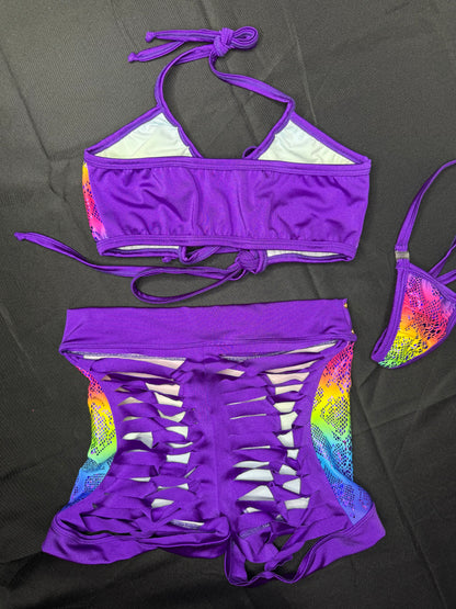 Rainbow Animal Print Sports Bra/Ripped Back Shorts Two-Piece Lingerie Outfit