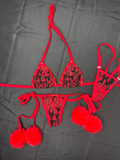 Red Flame Mesh Fur Two-Piece Side-Tie Bikini Lingerie Outfit