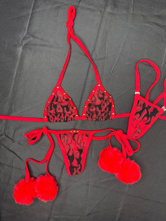 Red Flame Mesh Fur Two-Piece Side-Tie Bikini Lingerie Outfit