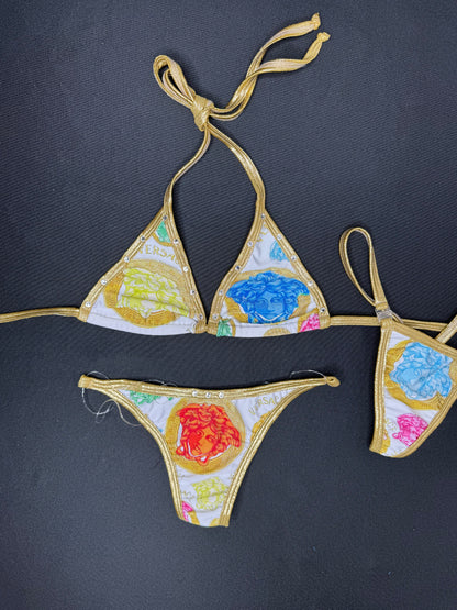 Metallic Gold/Designer Spandex Two-Piece Bikini Lingerie Outfit