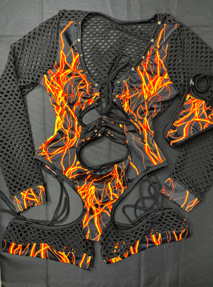 Orange Lightning/Black Fishnet Bartender Romper Outfit