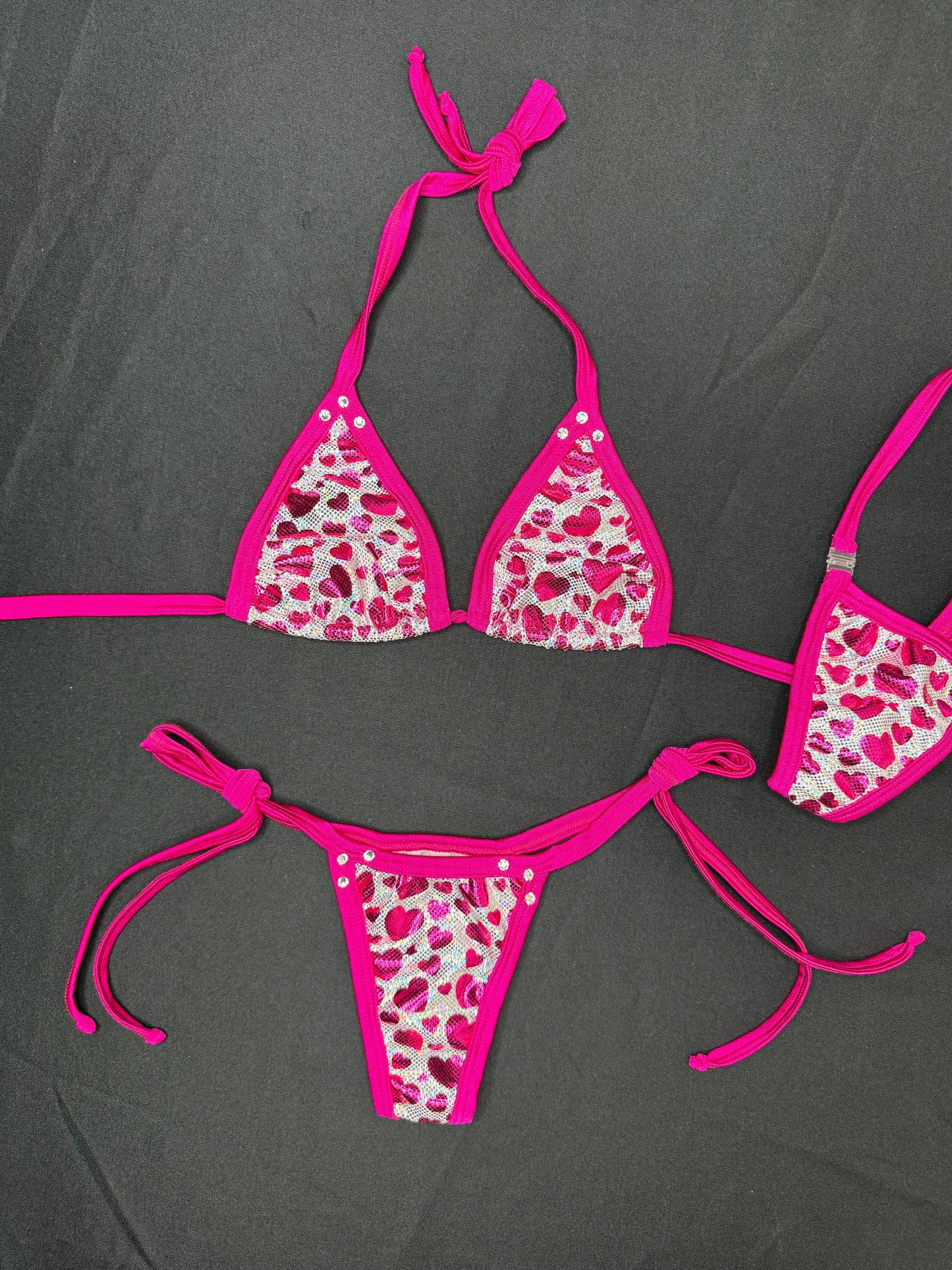 Pink/Hot Pink/Silver Spandex Two-Piece Side-Tie Bikini Lingerie Outfit