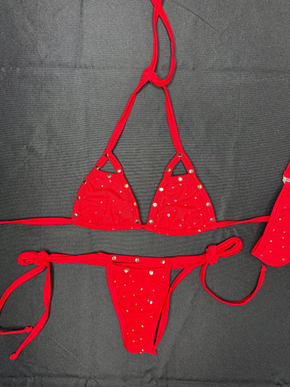 Red Mesh/Spandex Two-Piece Side-Tie Bikini Lingerie Outfit