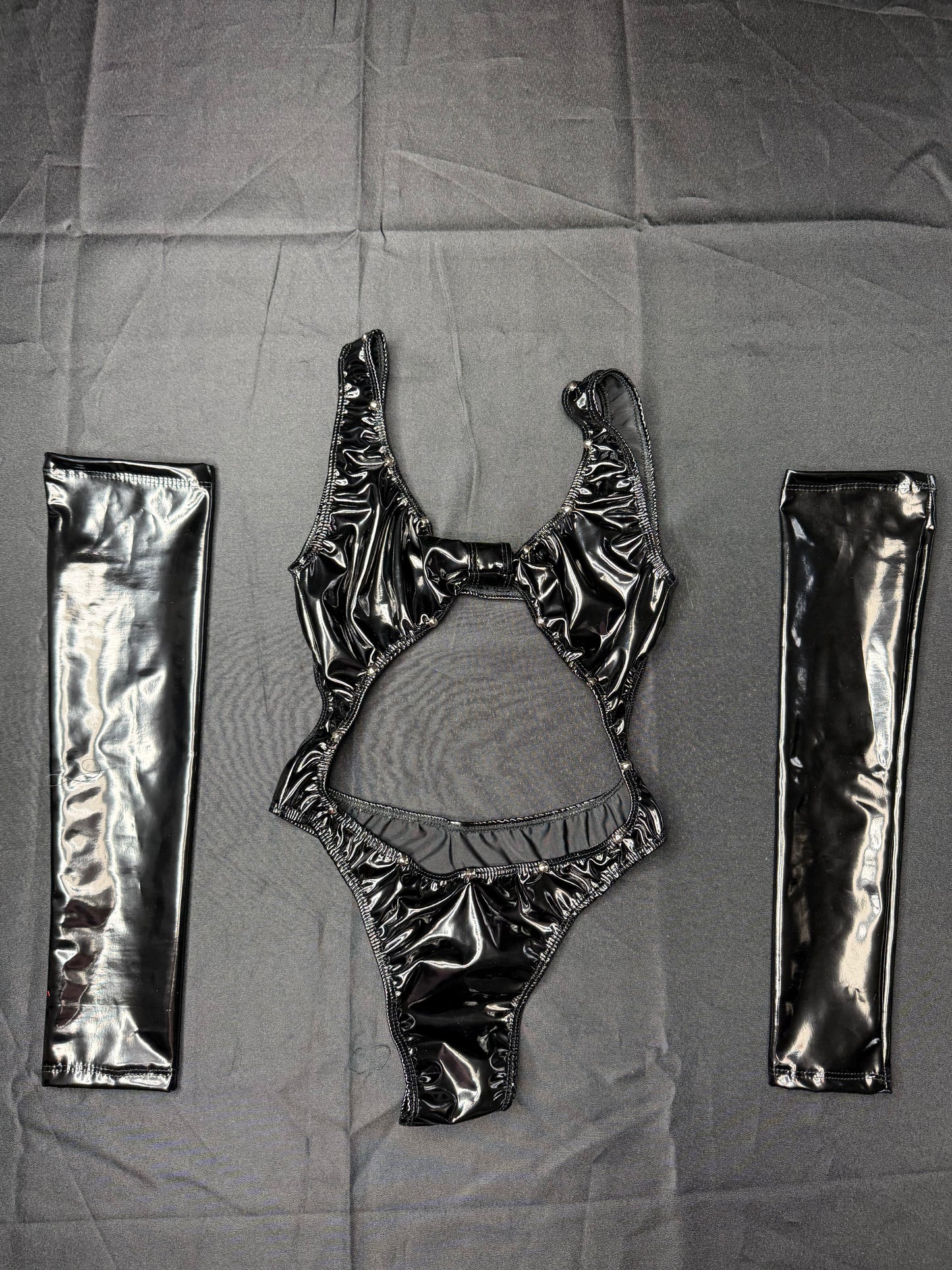 Black Latex One-Piece Lingerie Outfit with Sleeves