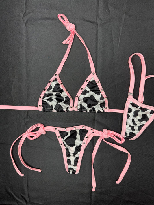 Baby Pink/Cow Print Spandex Two-Piece Side-Tie Bikini Lingerie Outfit