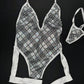 White/Silver Plaid Spandex One-Piece Leotard Garter Lingerie Outfit
