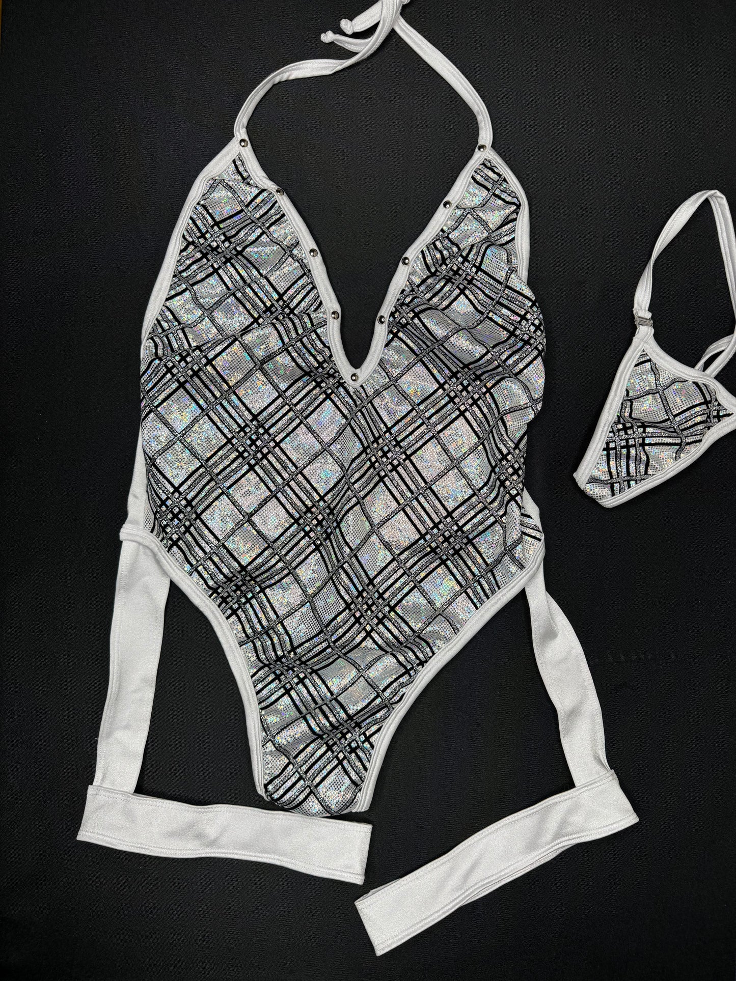 White/Silver Plaid Spandex One-Piece Leotard Garter Lingerie Outfit