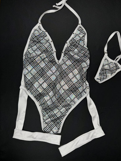 White/Silver Plaid Spandex One-Piece Leotard Garter Lingerie Outfit