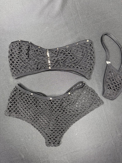 Black Fishnet/Mesh Tube Top Shorts Two-Piece Lingerie Outfit