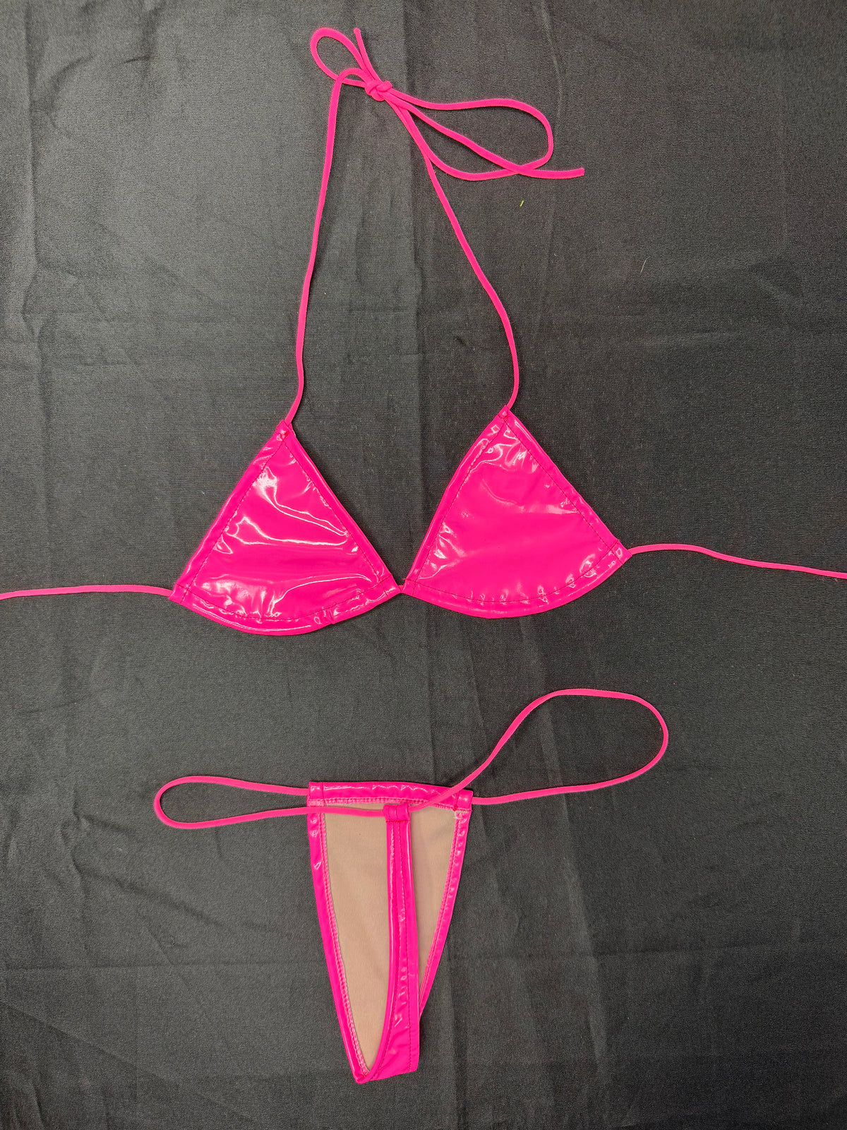 Hot Pink Vinyl Micro Bikini Lingerie Outfit